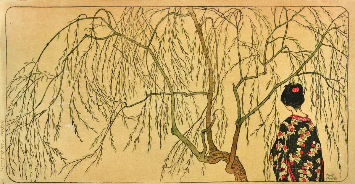 Emil Orlik, Japanisches Mädchen unterm Weidenbaum, 1901, Farbholzschnitt auf Japanpapier, 18,5 x 35,9 cm © Sammlung Dr. Eugen Otto, Wien