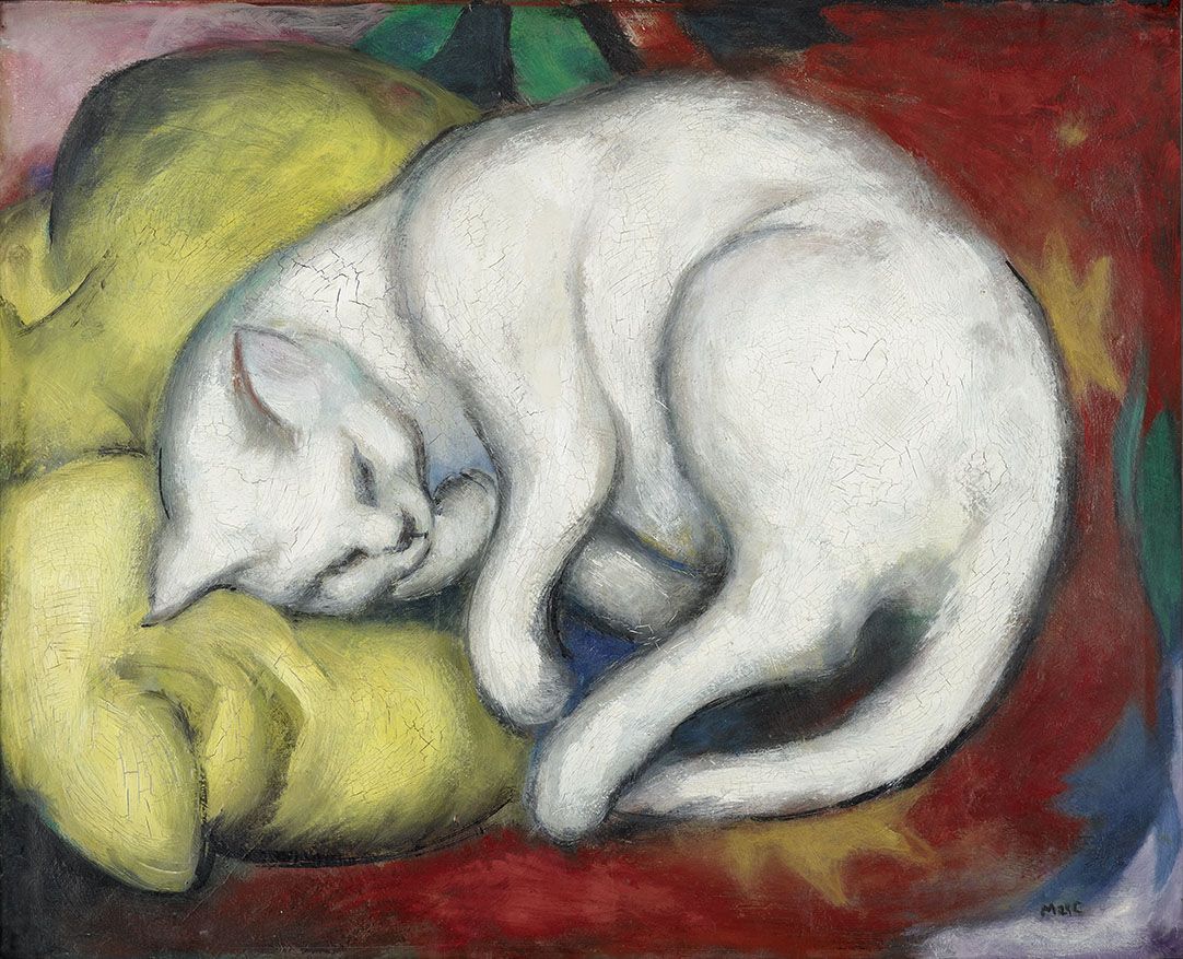Franz Marc, Die weiße Katze, 1912 Öl auf Karton, 48,8 x 60 cm © Foto: Punctum/Bertram Kober © Kunstmuseum Moritzburg Halle (Saale), Kulturstiftung Sachsen-Anhalt