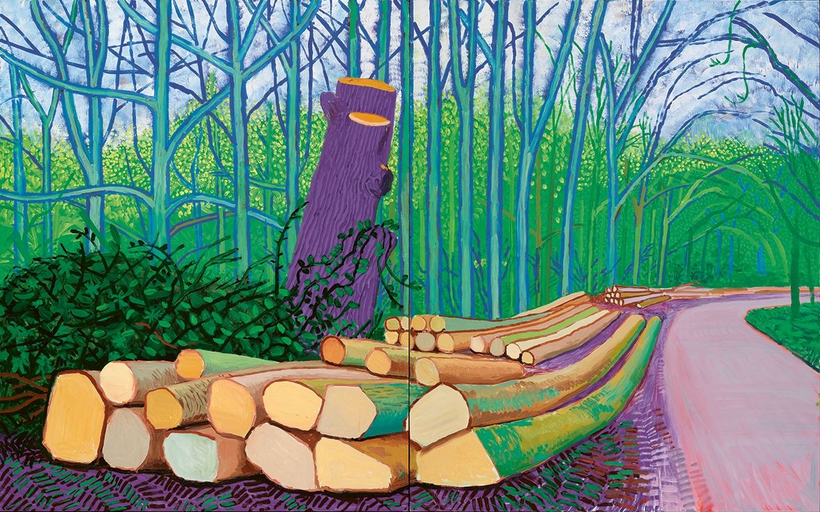 David Hockney, Felled Trees on Woldgate, 2008, Öl auf zwei Leinwänden, 158,5 x 250 cm (gesamt), Sammlung Würth © David Hockney, Foto: Richard Schmidt