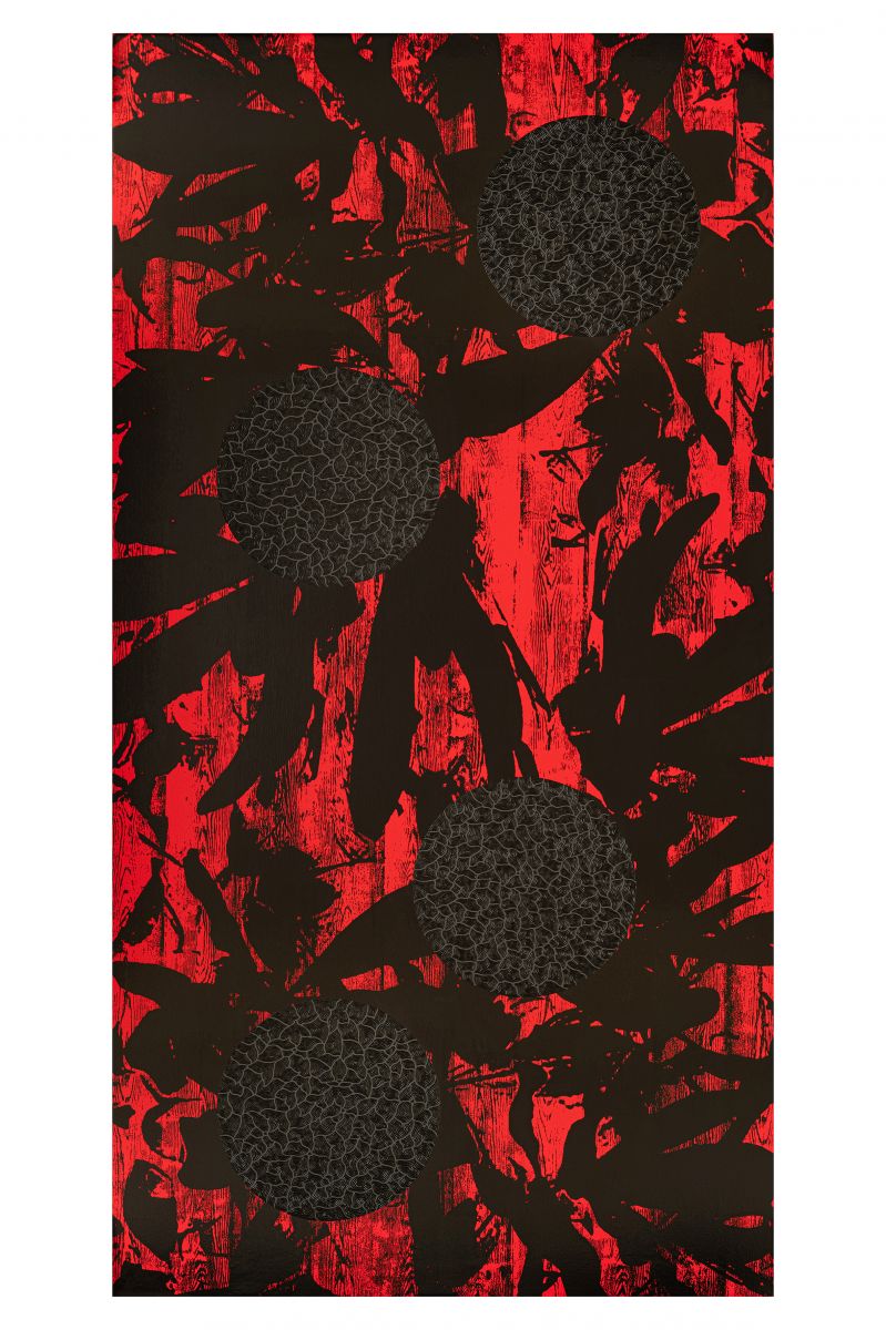Natures (red-black), 2023 Holzdruck,Siebdruck, Öl auf Leinwand 290 x 300 cm © Levent Özdemir Courtesy Kai Middendorff Galerie, Frankfurt