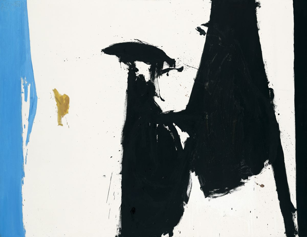 Robert Motherwell, Two Figures with Cerulean Blue Stripe, 1960 Öl auf Leinwand 213.4 × 277.5 cm Privatbesitz. Courtesy Locks Gallery, Philadelphia © Copyright 2023 Dedalus Foundation, Inc. / Licensed by Artists Rights Society (ARS), NY
