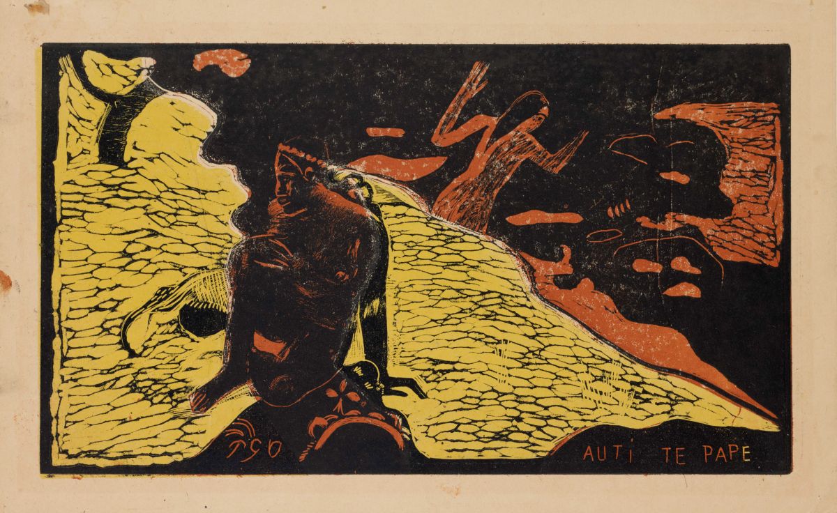 Paul Gauguin, Auti Te Pape – Spiel im Süßwasser, 1893-94, Noa Noa Suite, Holzschnitt in Schwarz, Orangebraun und Gelb auf Simili Japanpapier, 20,3 x 35,6 cm © Galleri K, Oslo Leihgabe aus Privatbesitz